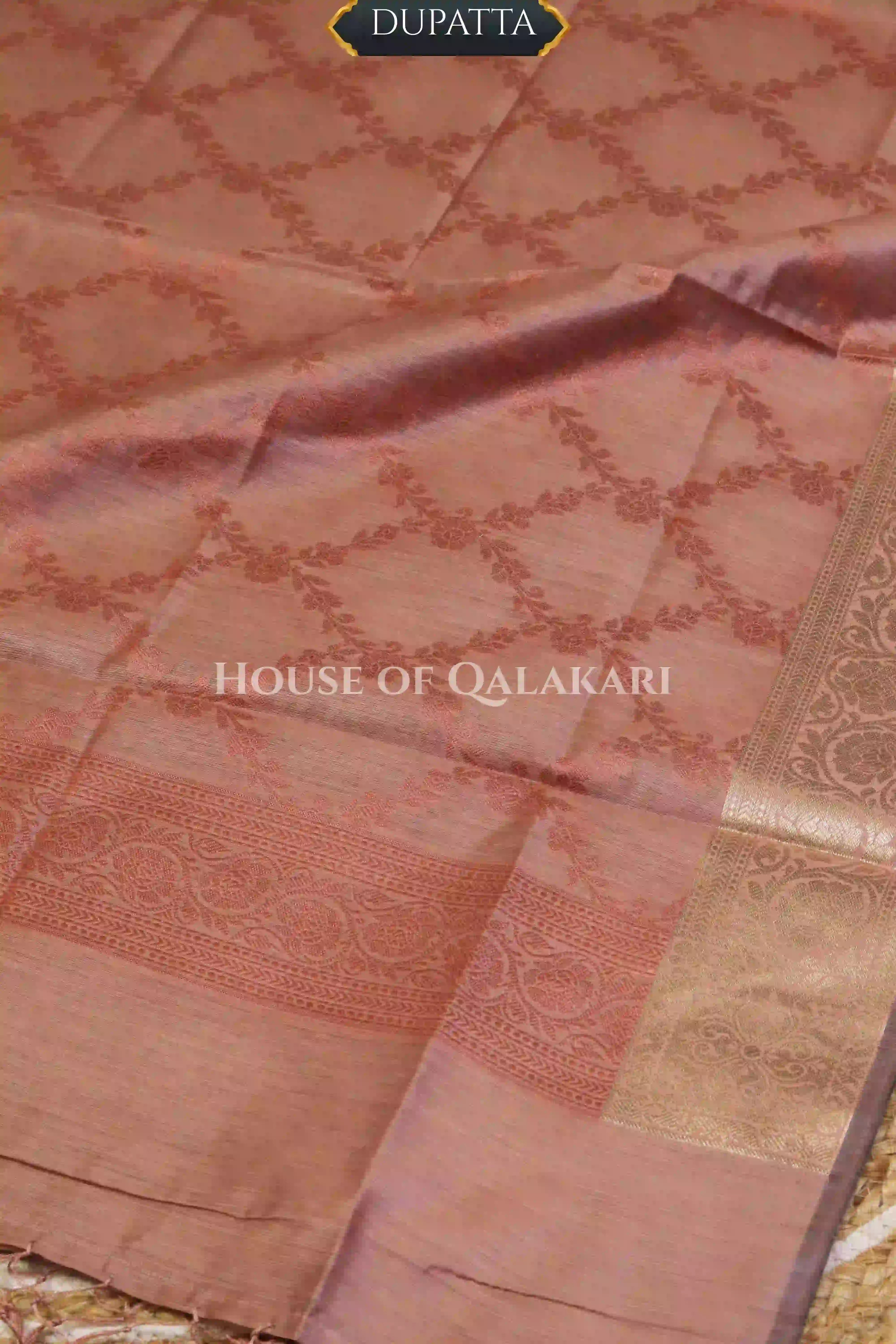 Banarasi Chanderi Cotton Unstitched Dress Material in Copper rose and with matching floral vine jaal dupatta – dupatta