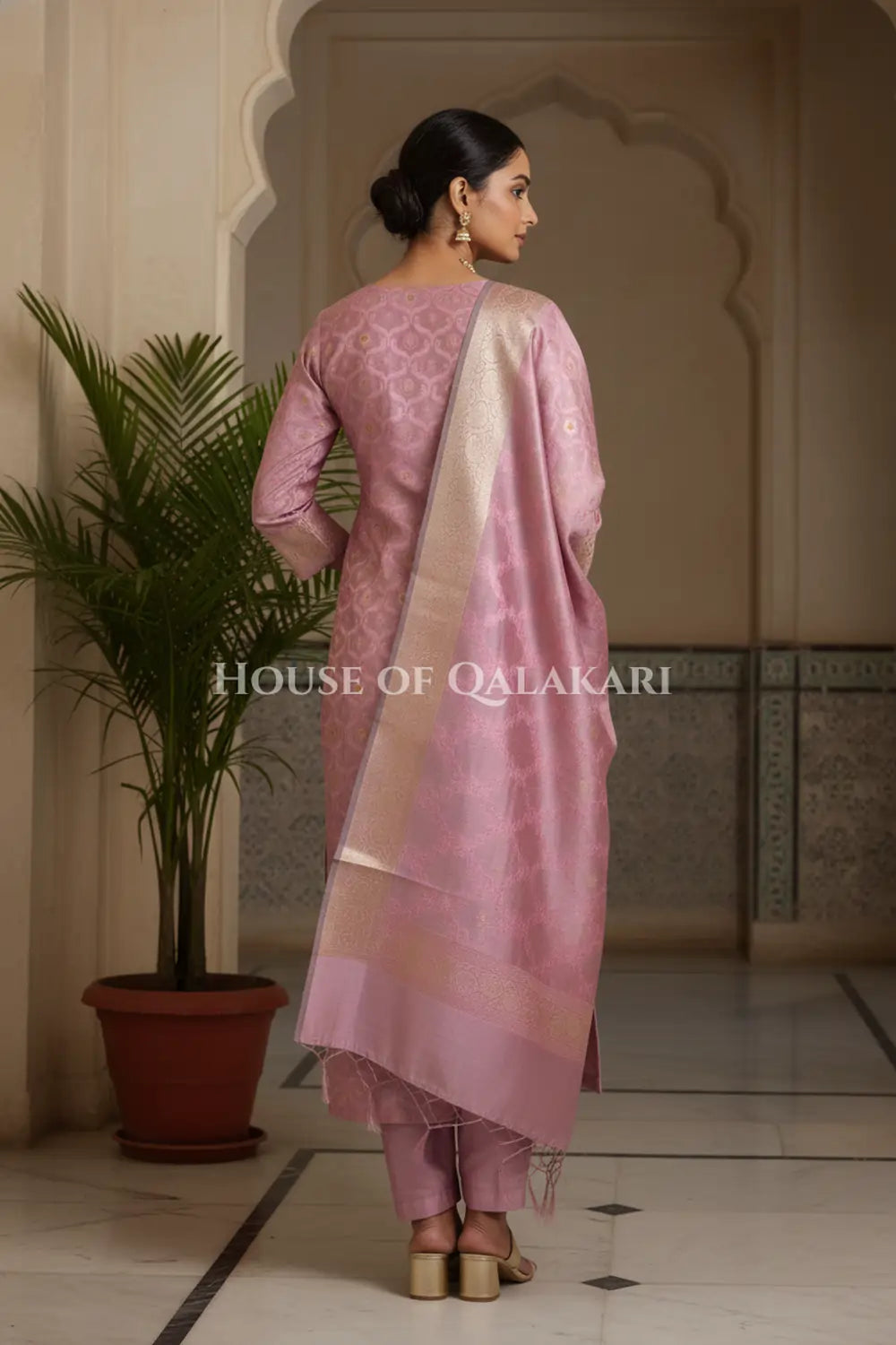 Banarasi Chanderi Cotton Unstitched Dress Material in Light Mauve and with matching floral vine jaal dupatta – back pose