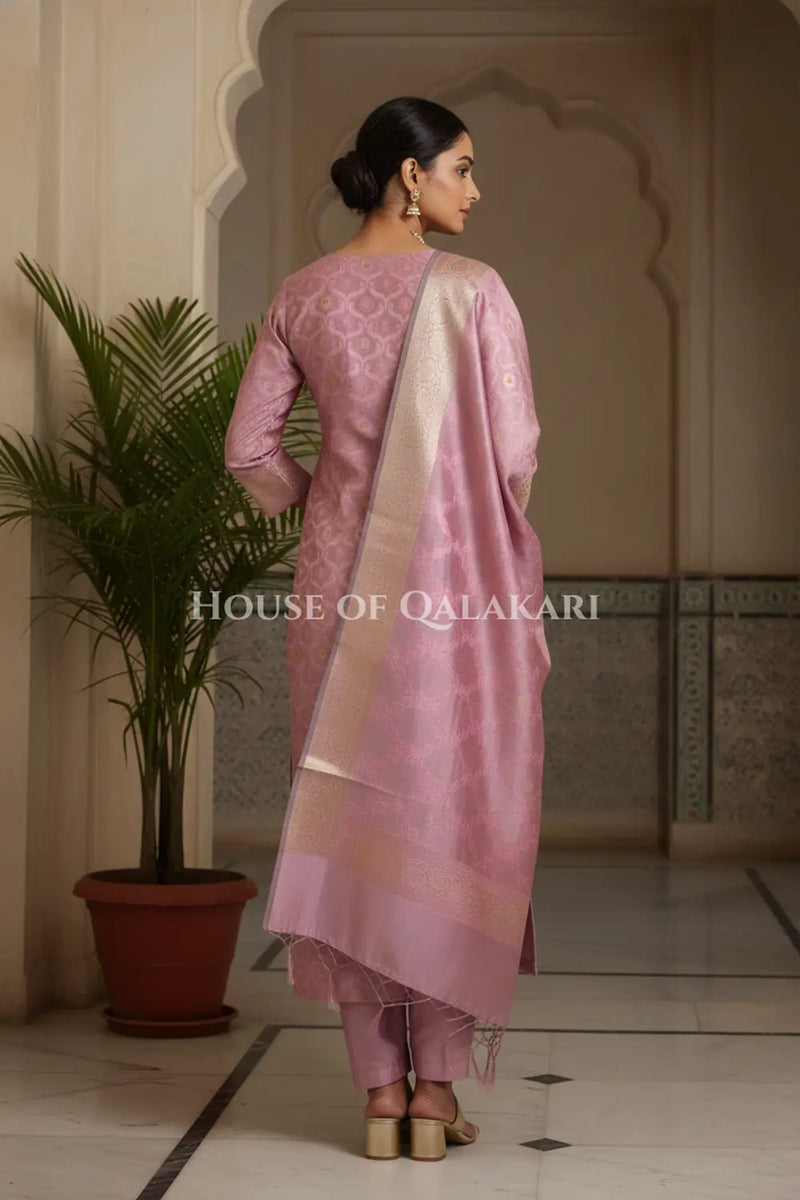 Banarasi Chanderi Cotton Unstitched Dress Material in Light Mauve and with matching floral vine jaal dupatta – back pose
