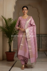 Banarasi Chanderi Cotton Unstitched Dress Material in Light Mauve and with matching floral vine jaal dupatta – festive pose
