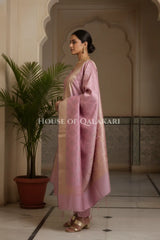 Banarasi Chanderi Cotton Unstitched Dress Material in Light Mauve and with matching floral vine jaal dupatta – side pose
