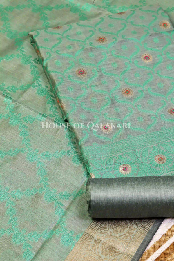 Banarasi Chanderi Cotton Unstitched Dress Material in Sea Green and with matching floral vine jaal dupatta – product