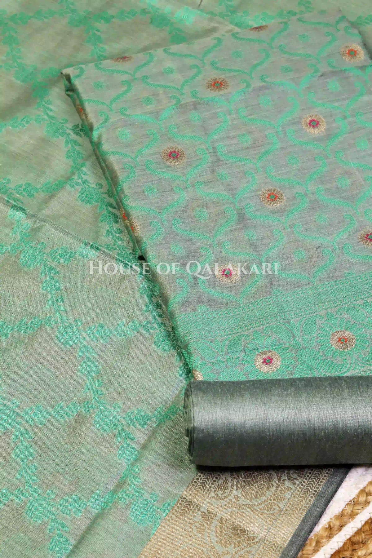 Banarasi Chanderi Cotton Unstitched Dress Material in Sea Green and with matching floral vine jaal dupatta – product