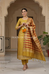 Banarasi Chanderi Cotton Unstitched Dress Material in Mustard and with matching horizontal zari stripe dupatta (Copy)