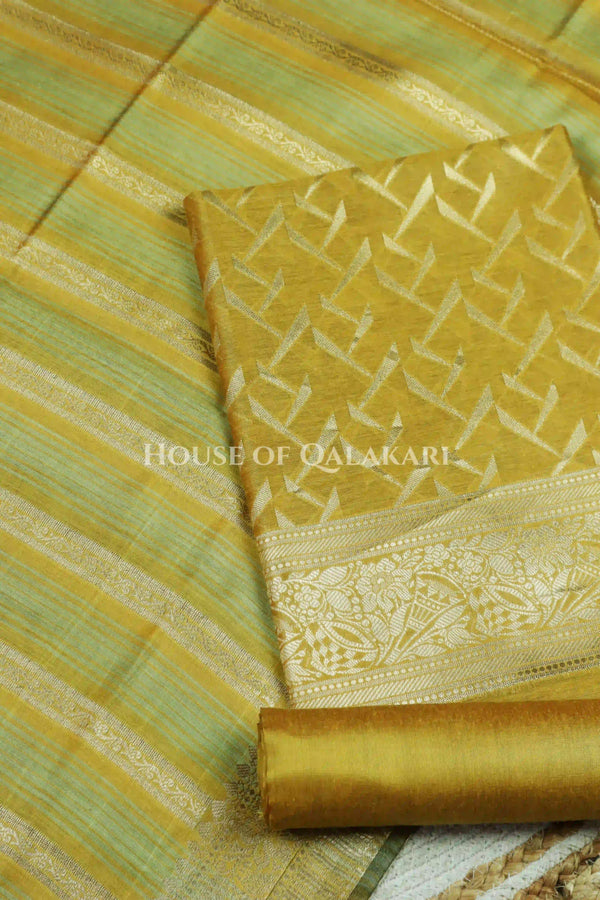 Banarasi Chanderi Cotton Unstitched Dress Material in Mustard and with matching horizontal zari stripe dupatta