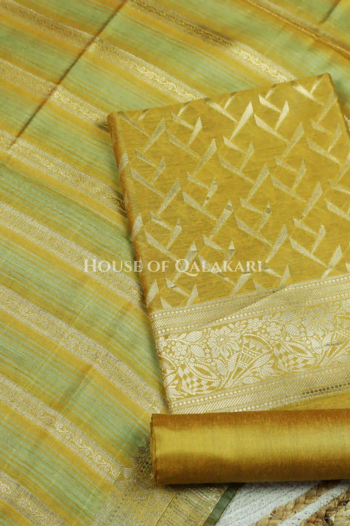 Banarasi Chanderi Cotton Unstitched Dress Material in Mustard and with matching horizontal zari stripe dupatta (Copy)