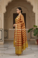 Banarasi Chanderi Cotton Unstitched Dress Material in Mustard and with matching horizontal zari stripe dupatta (Copy)
