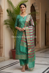 Banarasi Chanderi Cotton Unstitched Dress Material in Sea Green and with matching horizontal zari stripe dupatta (Copy)