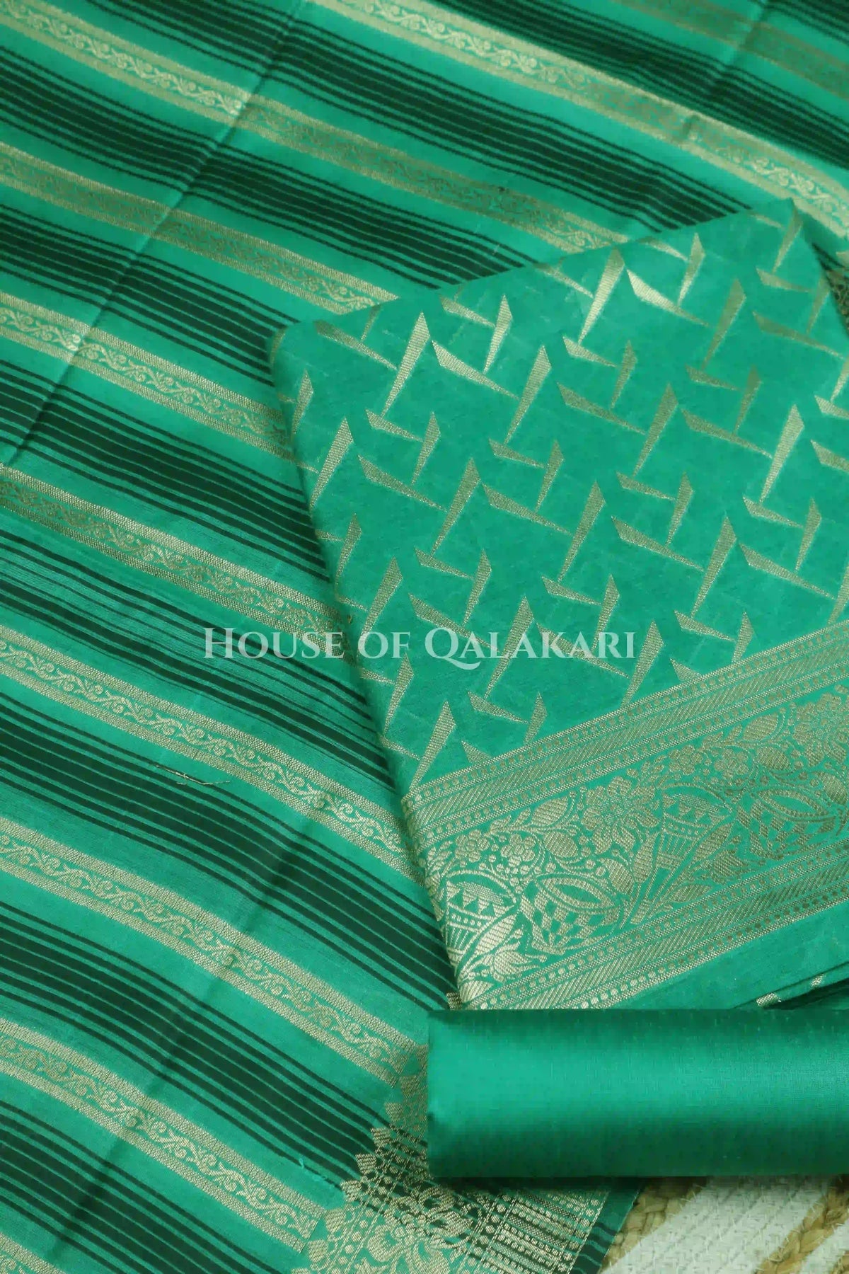 Banarasi Chanderi Cotton Unstitched Dress Material in Sea Green and with matching horizontal zari stripe dupatta (Copy)