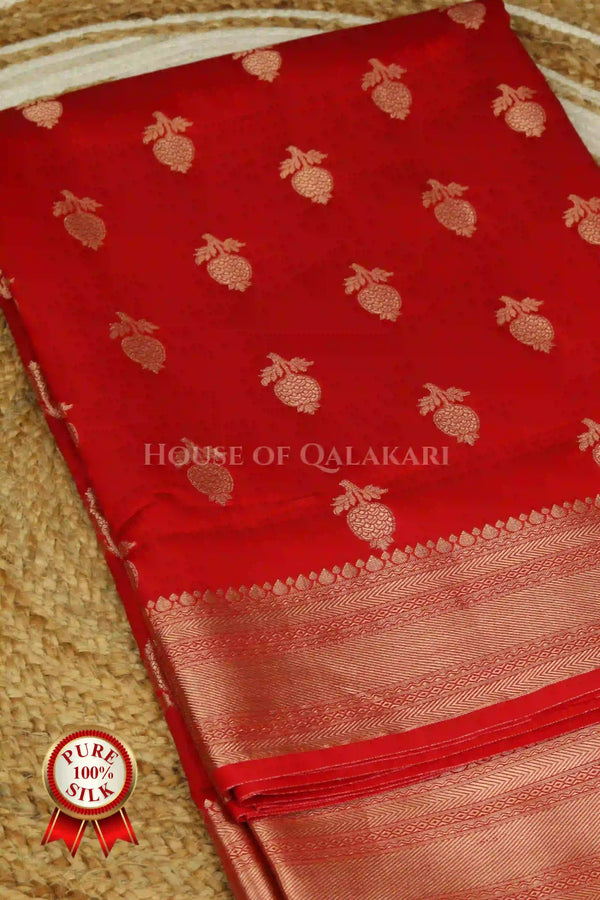 Red Banarasi Chiniya Pure Silk saree with Zari Buti & Border