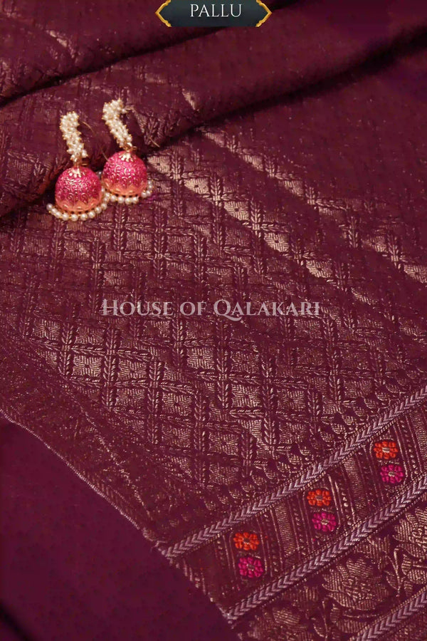 Deep Wine Banarasi Chiniya Pure Silk saree with Zari Buti & Meenakari Border