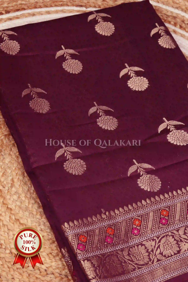 Deep Wine Banarasi Chiniya Pure Silk saree with Zari Buti & Meenakari Border