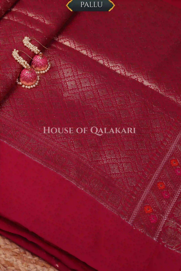 Rosewood Banarasi Chiniya Pure Silk saree with Zari Buti & Meenakari Border