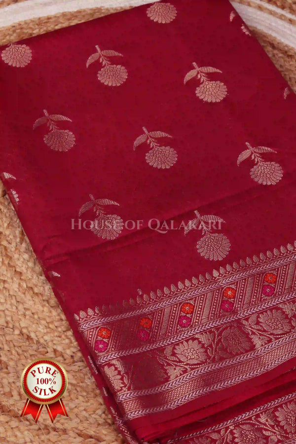 Rosewood Banarasi Chiniya Pure Silk saree with Zari Buti & Meenakari Border