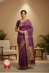 Mauve Purple Banarasi Chiniya Pure Silk saree with Meenakari Leaf Buti and floral Border