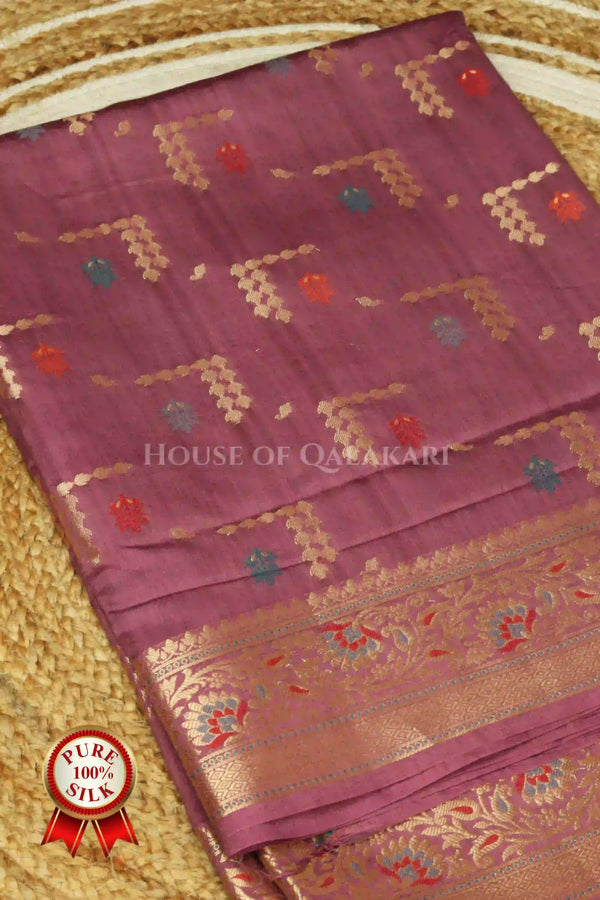Mauve Purple Banarasi Chiniya Pure Silk saree with Meenakari Leaf Buti and floral Border