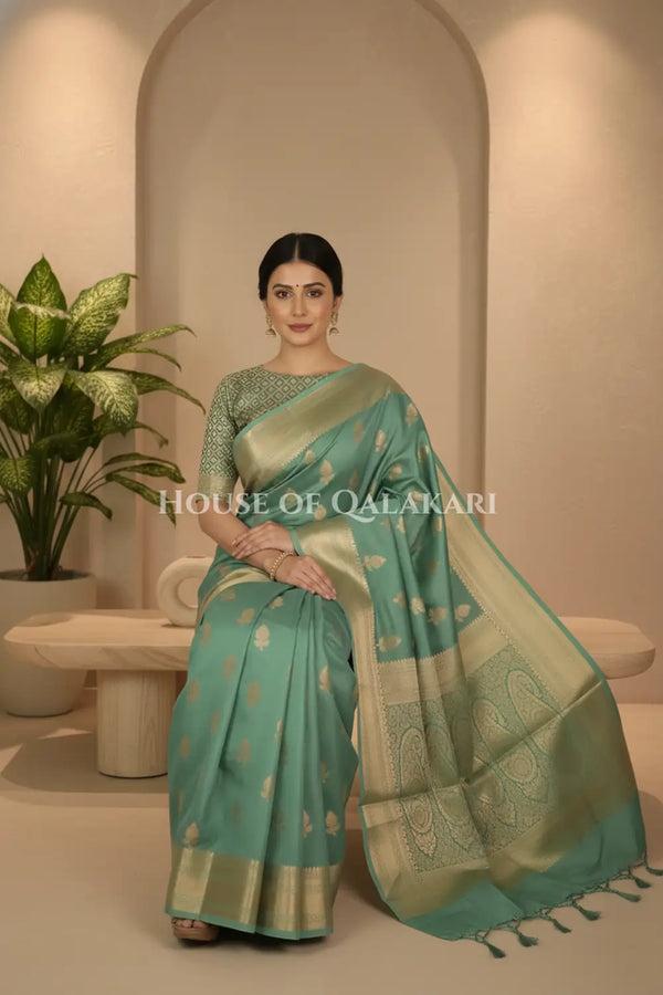 Sea Green Banarasi Chiniya Pure Silk saree with Zari Buti & Border