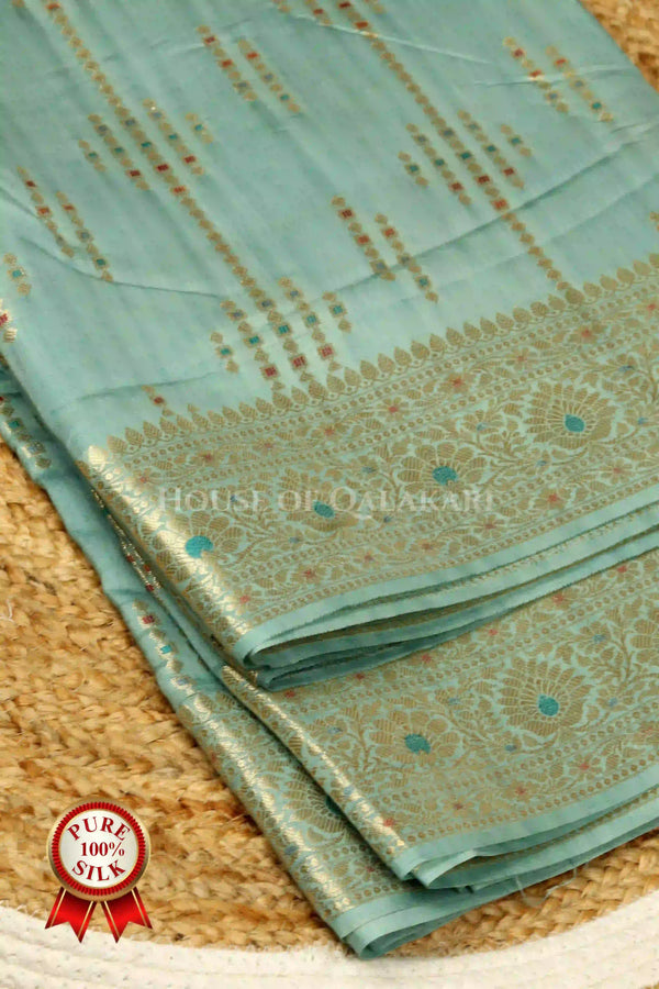 Sea Green Banarasi Chiniya Pure Silk saree with Meenakari Leaf Buti and floral Border