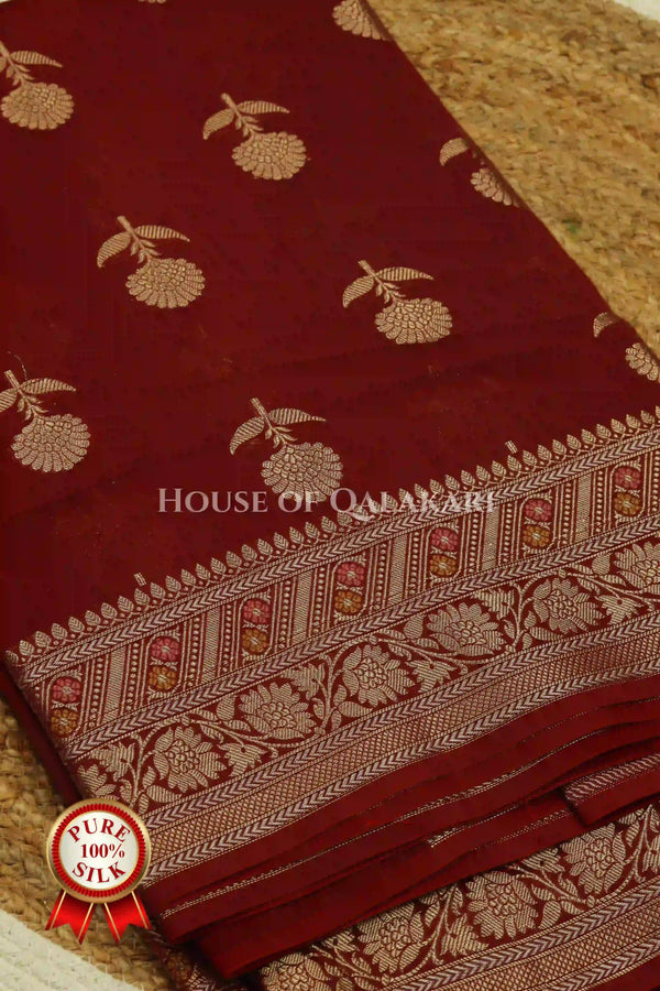 Maroon Oak Banarasi Chiniya Pure Silk saree with Zari Floral Motifs
