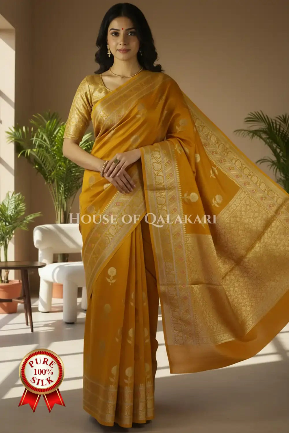 Rich Gold Banarasi Chiniya Pure Silk saree with Zari Floral Motifs
