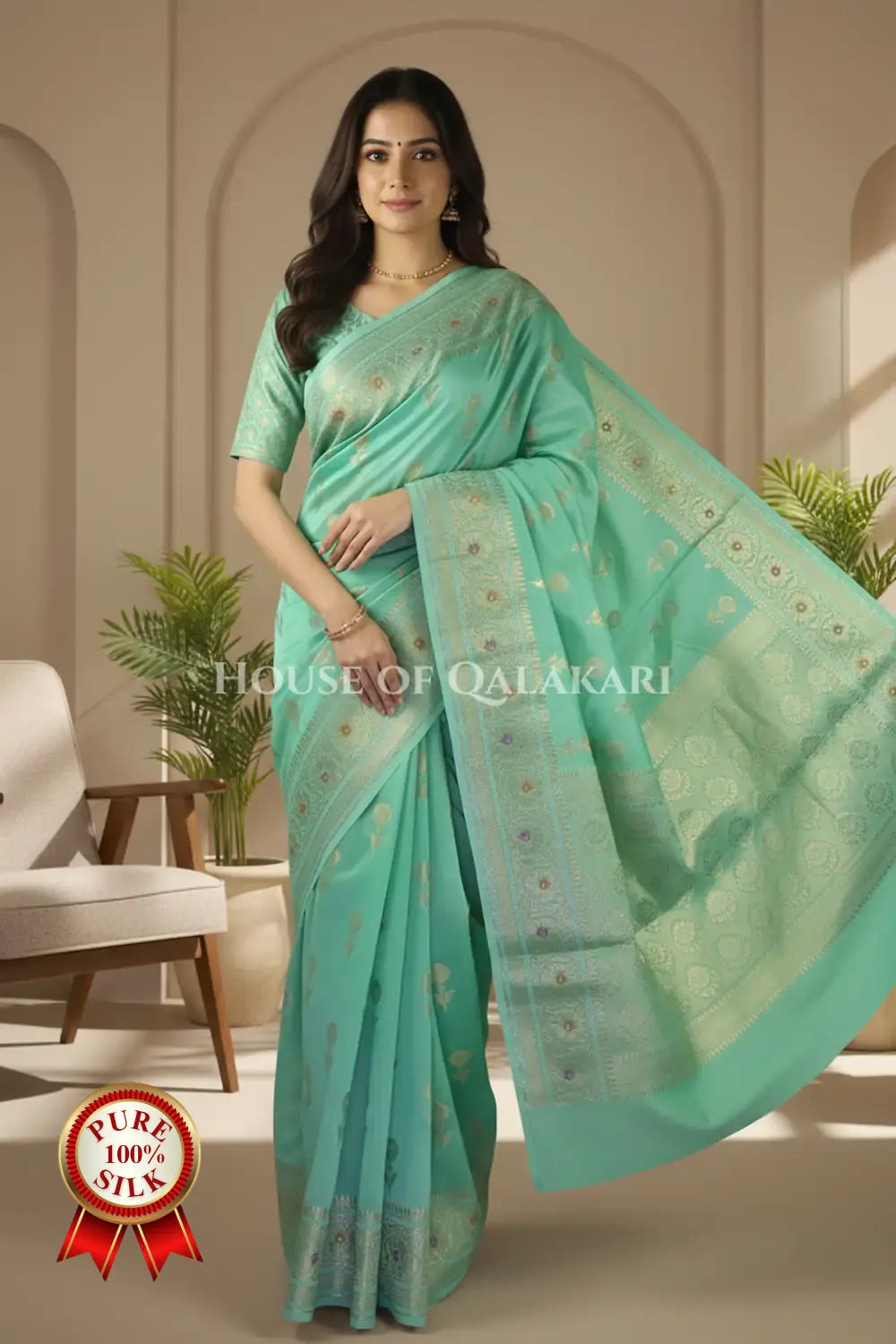 Sea Green Banarasi Chiniya Pure Silk saree with Zari Floral Motifs