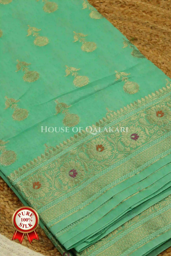 Sea Green Banarasi Chiniya Pure Silk saree with Zari Floral Motifs