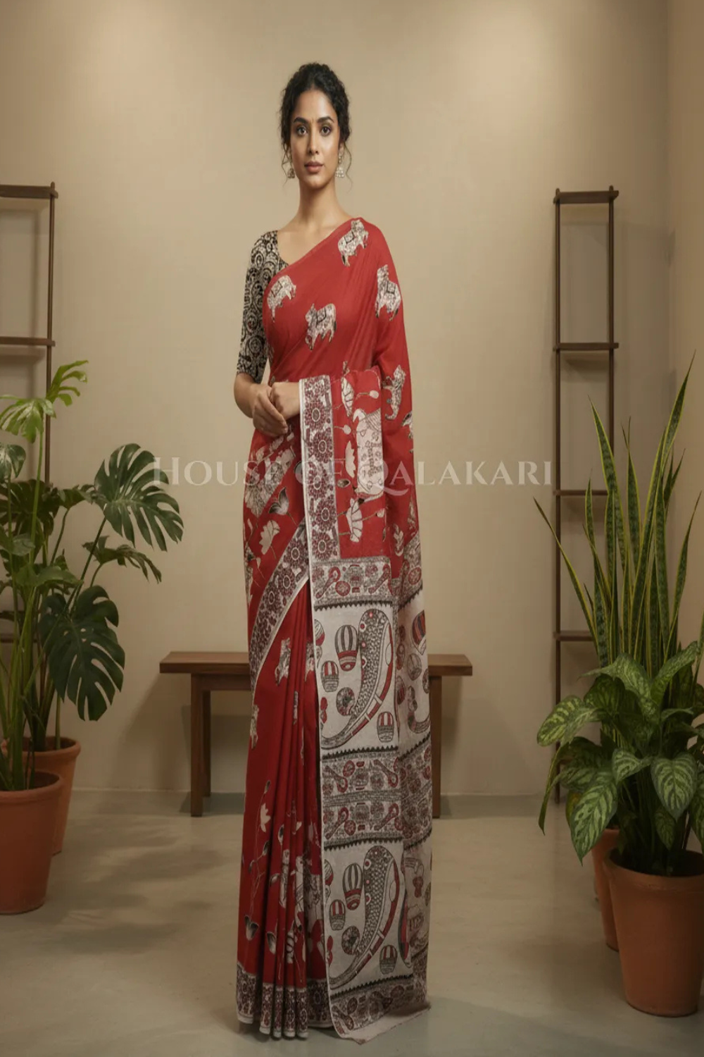 Red Kalamkari Cotton saree with intricate elephant prints on body and pallu