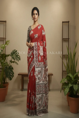 Red Kalamkari Cotton saree with intricate elephant prints on body and pallu