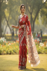 Red Kalamkari Cotton saree with intricate elephant prints on body and pallu