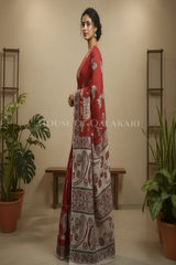Red Kalamkari Cotton saree with intricate elephant prints on body and pallu