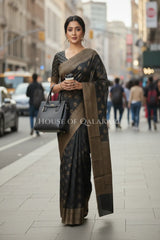 Banarasi Cotton Saree in Black with resham flower leaf buti