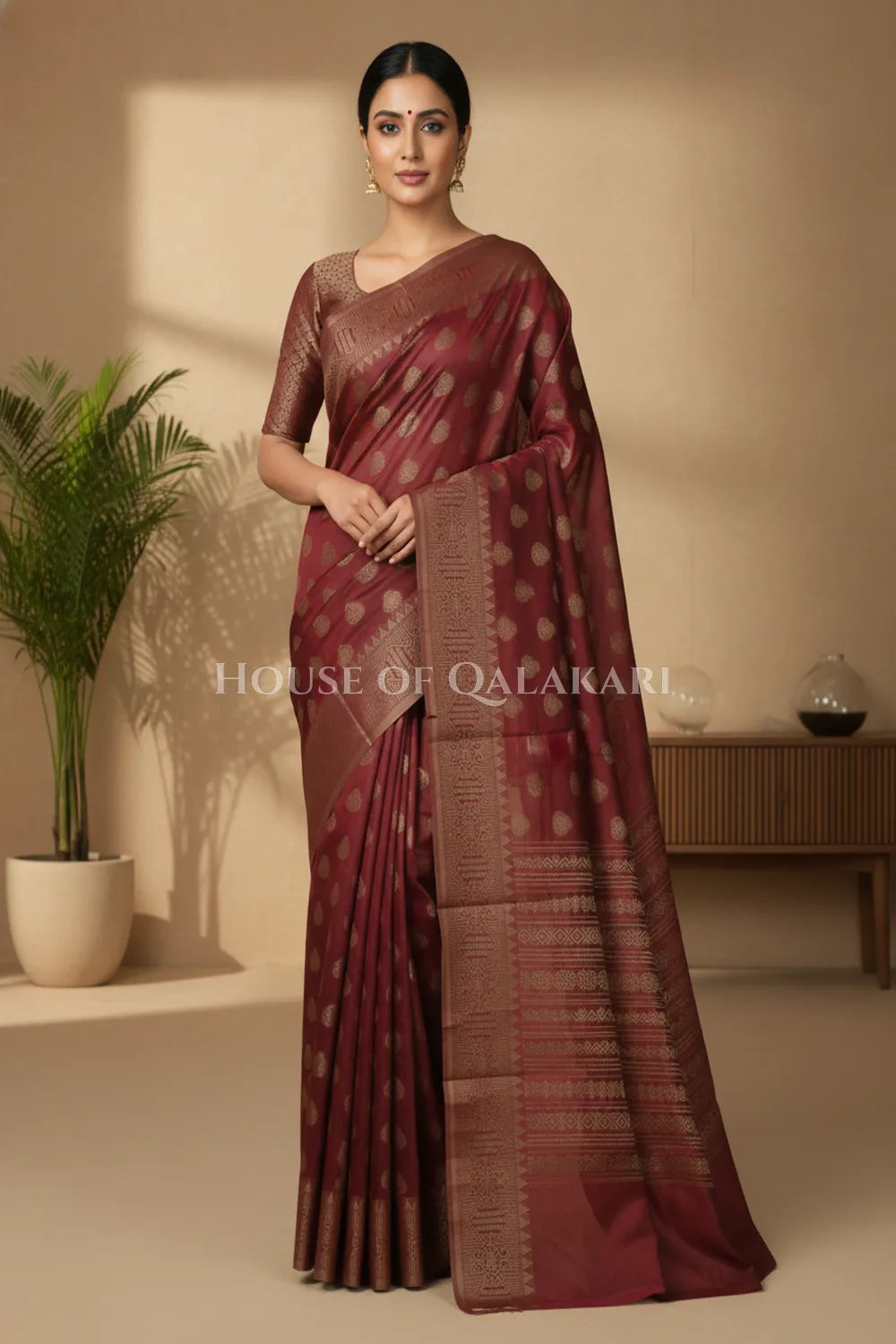 Banarasi Cotton Saree in Maroon Oak with ginni resham buti