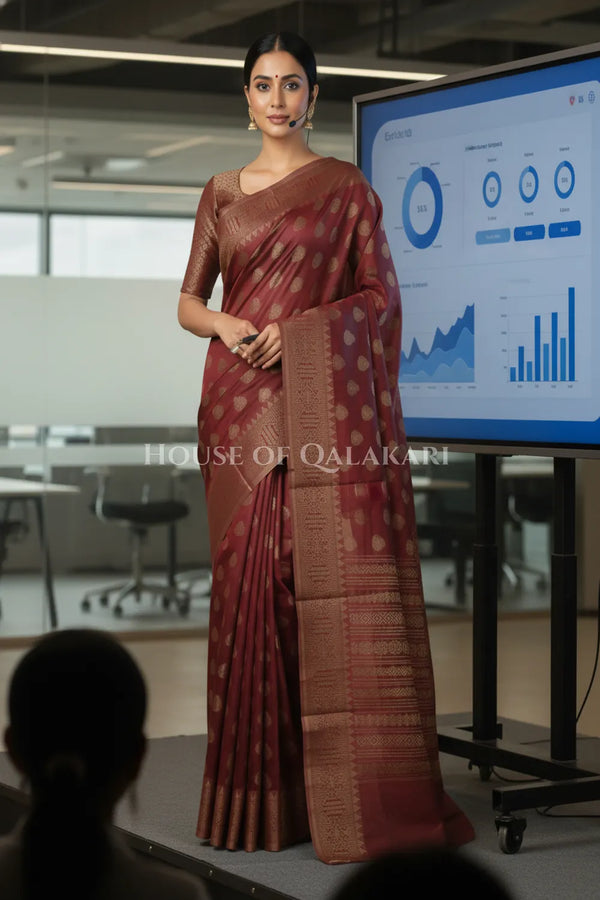 Banarasi Cotton Saree in Maroon Oak with ginni resham buti