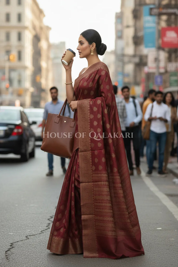 Banarasi Cotton Saree in Maroon Oak with ginni resham buti