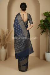 Banarasi Cotton Saree in Navy Blue with ginni resham buti