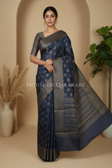Banarasi Cotton Saree in Navy Blue with ginni resham buti