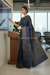 Banarasi Cotton Saree in Navy Blue with ginni resham buti