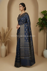 Banarasi Cotton Saree in Navy Blue with ginni resham buti