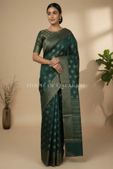 Banarasi Cotton Saree in Bottle Green with ginni resham buti