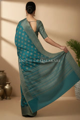 Banarasi Cotton Saree in Blueish Green with ginni resham buti