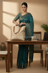 Banarasi Cotton Saree in Blueish Green with ginni resham buti