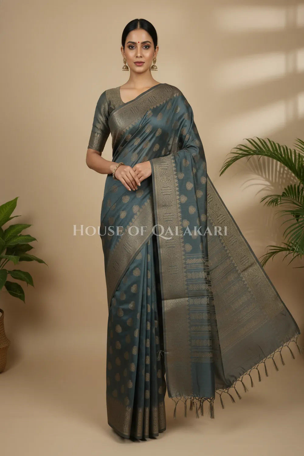 Banarasi Cotton Saree in Grey with ginni resham buti