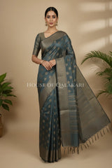 Banarasi Cotton Saree in Grey with ginni resham buti