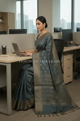 Banarasi Cotton Saree in Grey with ginni resham buti