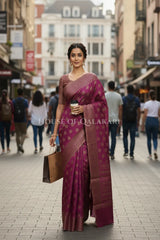 Banarasi Cotton Saree in Royal Jamun Purple with ginni resham buti