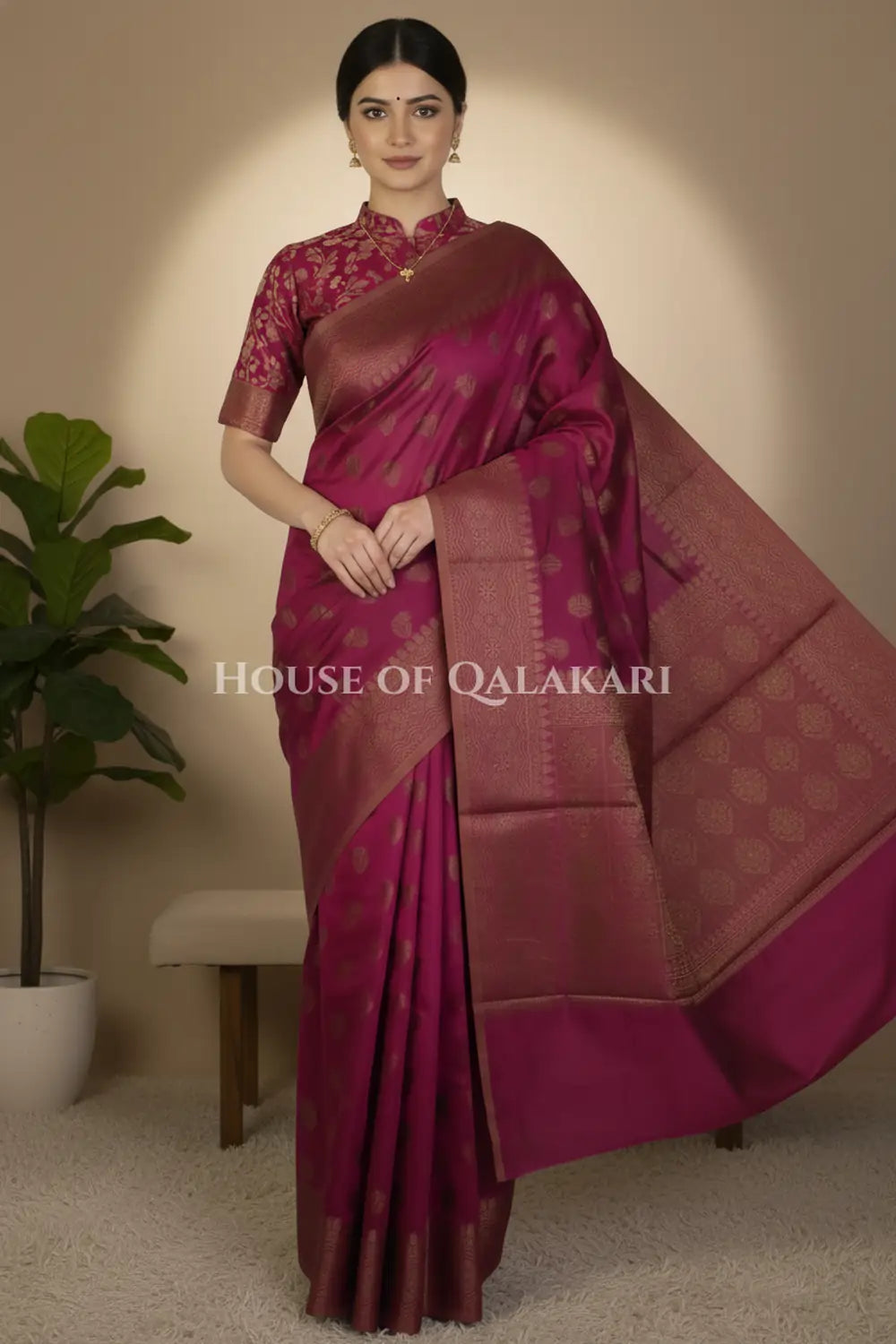 Cotton Banarasi Saree in Plum with resham buti