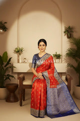Cotton Banarasi Saree in Sindoor Red-Purple contrast with resham work