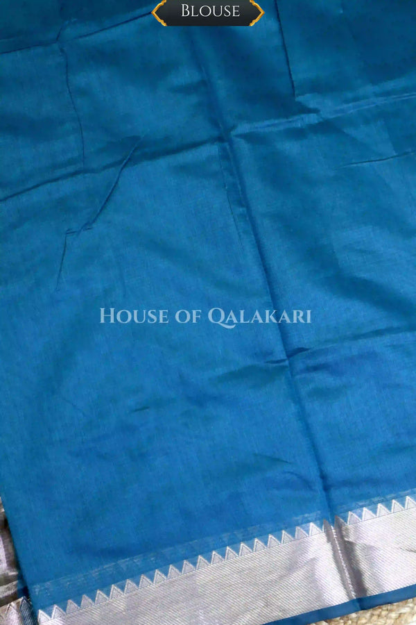 Banarasi Cotton Saree Plain in Regal Blue with elegant zari silver colour border and striped pallu detailing