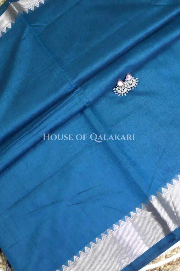 Banarasi Cotton Saree Plain in Regal Blue with elegant zari silver colour border and striped pallu detailing