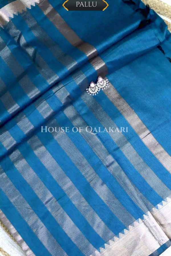 Banarasi Cotton Saree Plain in Regal Blue with elegant zari silver colour border and striped pallu detailing